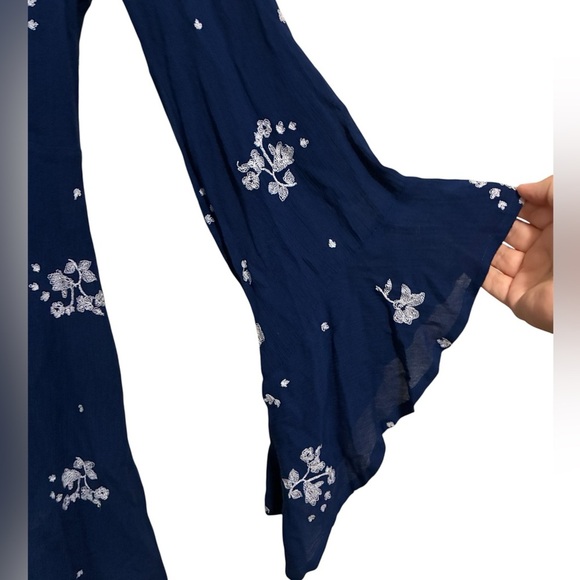 Free People Blue White Jasmine Floral Embroidered Long Bell Sleeve Gauzy Dress 2 - Picture 7 of 15